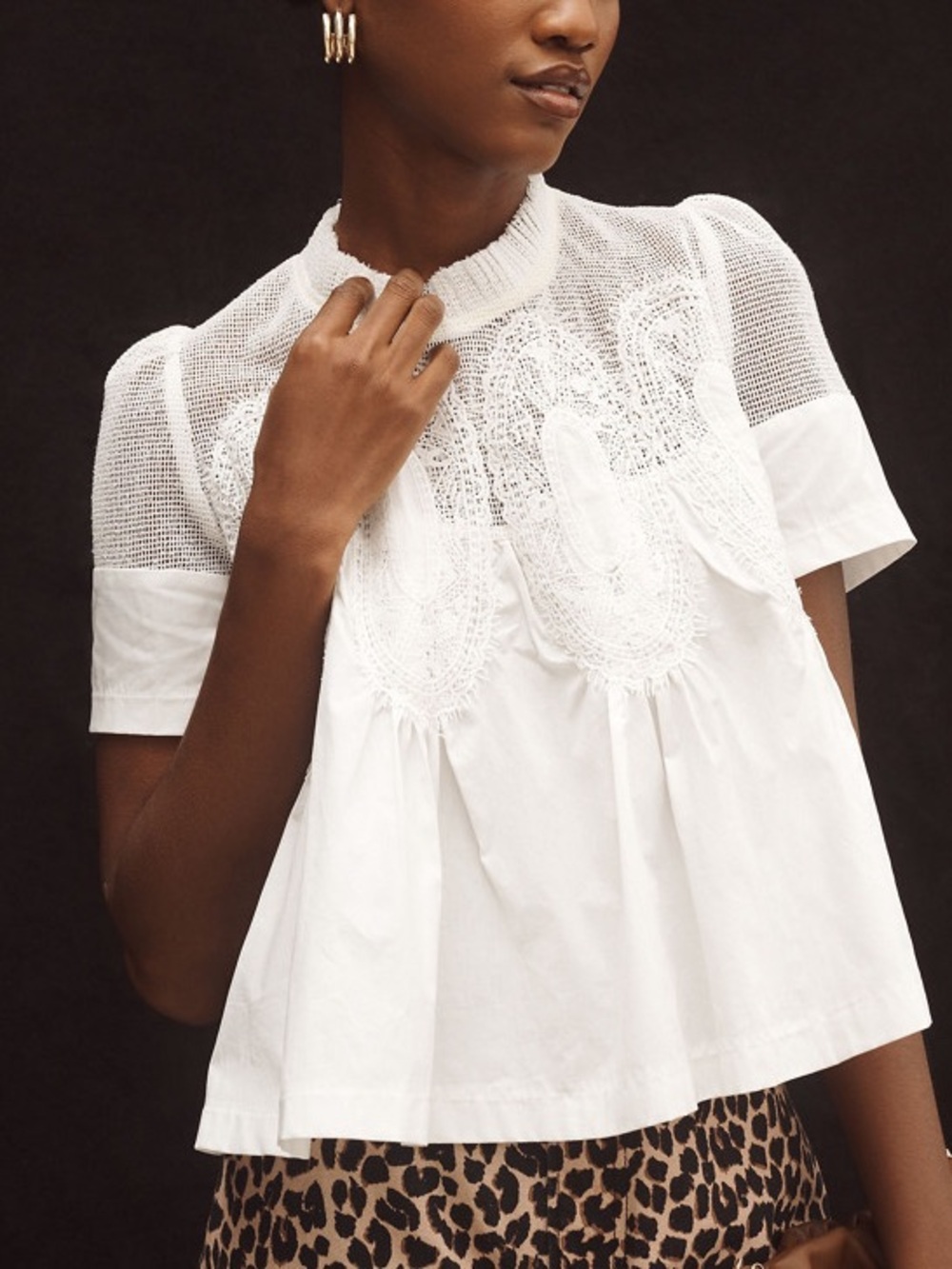 Anthropologie En Elly The Iris Short-Sleeve Lace Poplin Blouse White Top Medium